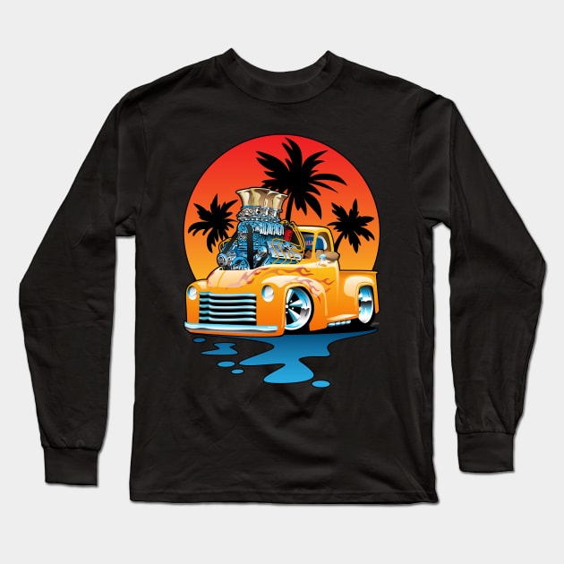 Classic American Hot Rod Pick-up Truck with Sunset Cartoon Long Sleeve T-Shirt by hobrath